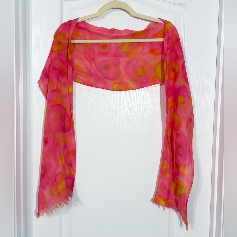 Vintage SILK Painterly Floral Sheer Frayed End Rectangular Scarf 66”x9.5” Pink